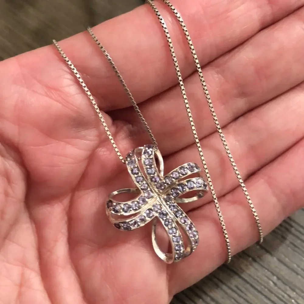 Vintage Loopy Bow Cross Necklace with Pale Purple Stones Sterling Silver